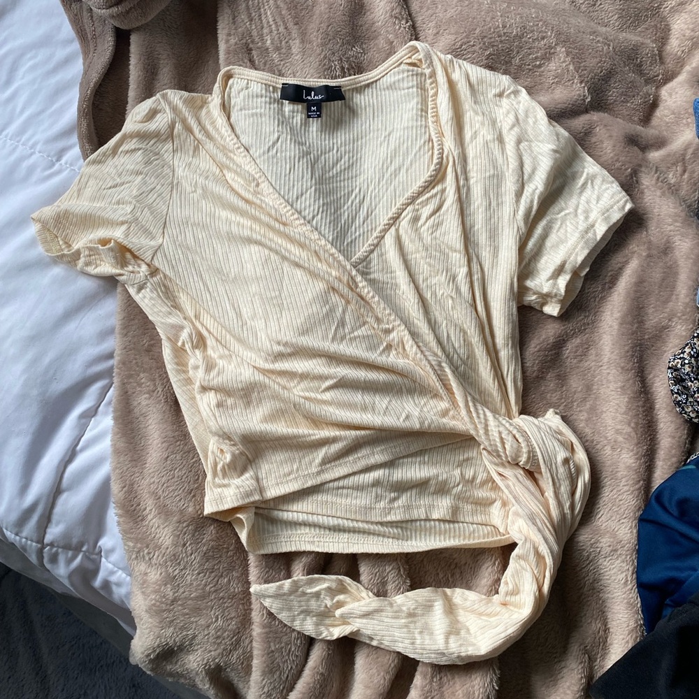Lulu's Light Cream Short Sleeve Wrap Top